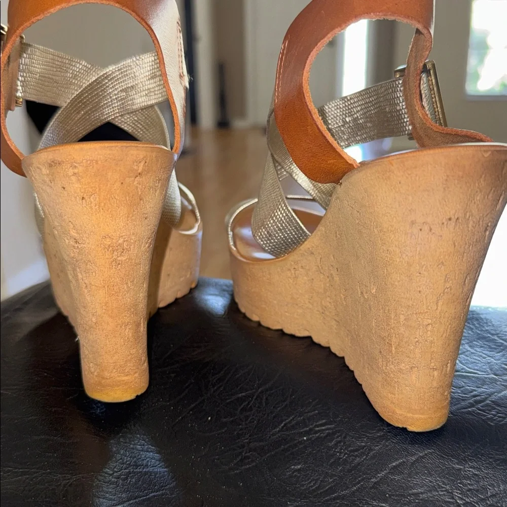Italian Shoemakers Metallic Gold and Tan Wedge Sandals